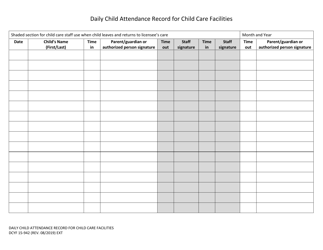 Document preview: DCYF Form 15-942 Daily Child Attendance Record for Child Care Facilities - Washington