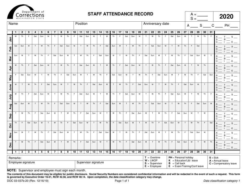 Form DOC03-037B-20 Staff Attendance Record - Washington, Page 1