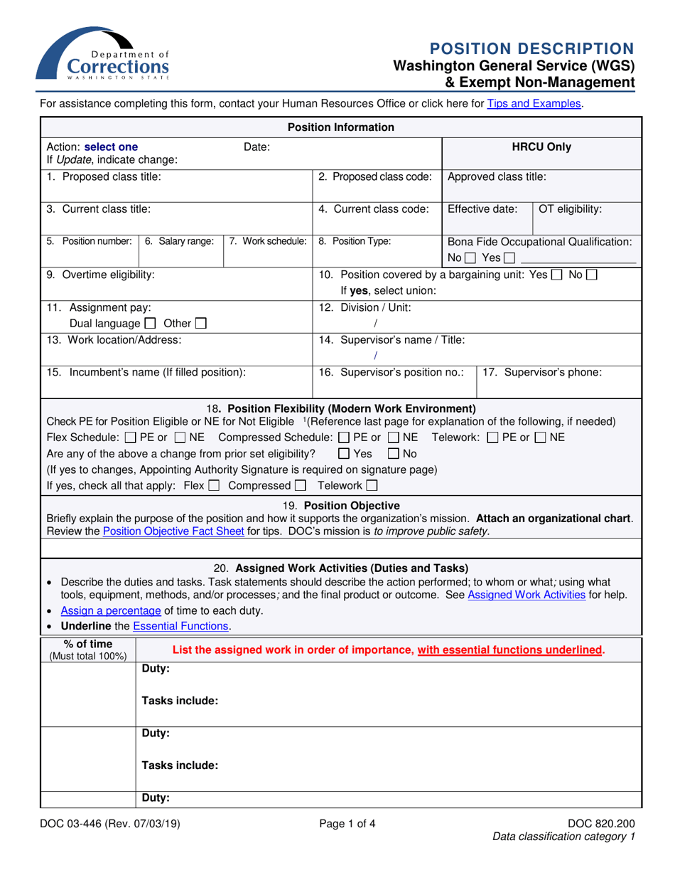 Form DOC03-446 Position Description - Washington General Service (Wgs)  Exempt Non-management - Washington, Page 1