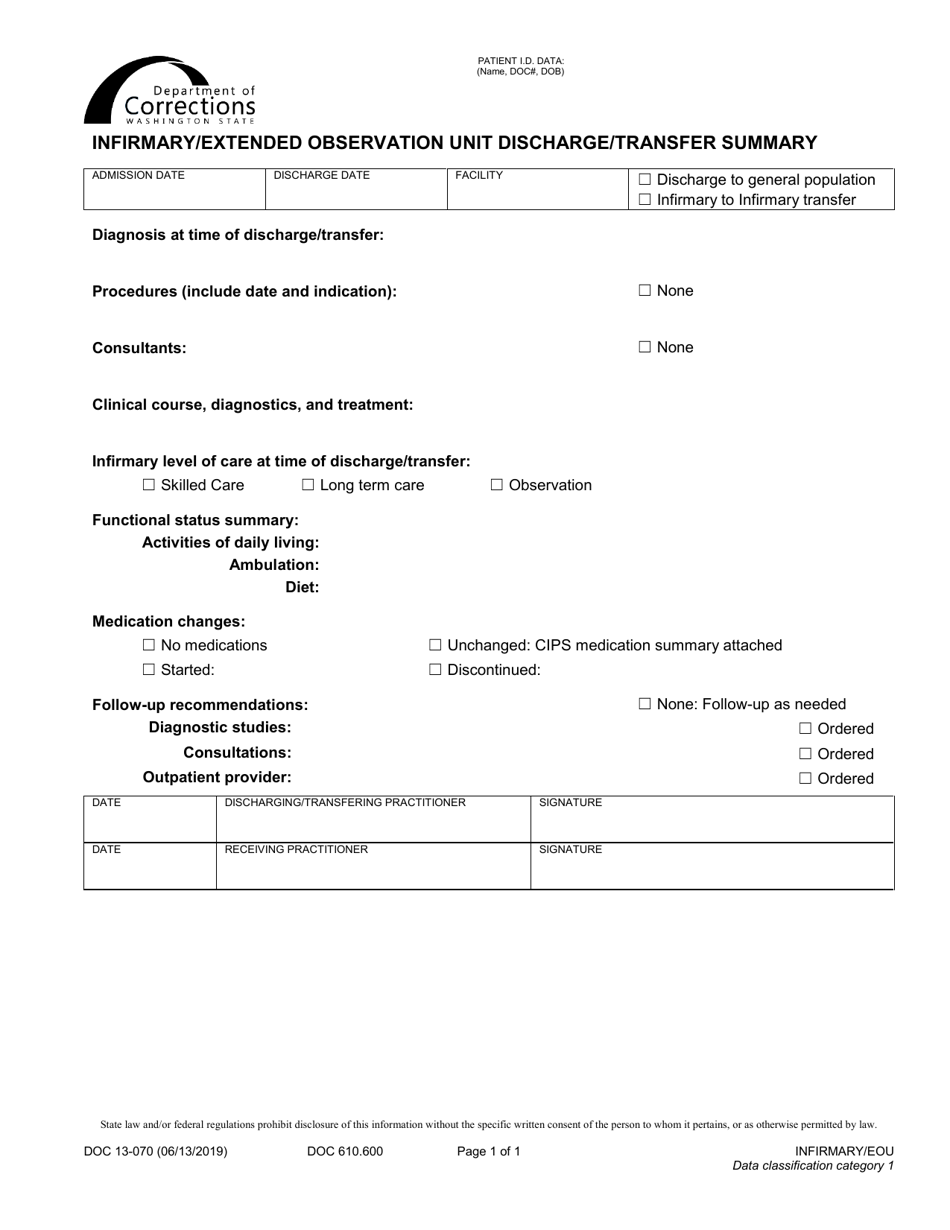 Form DOC13-070 Infirmary / Extended Observation Unit Discharge / Transfer Summary - Washington, Page 1