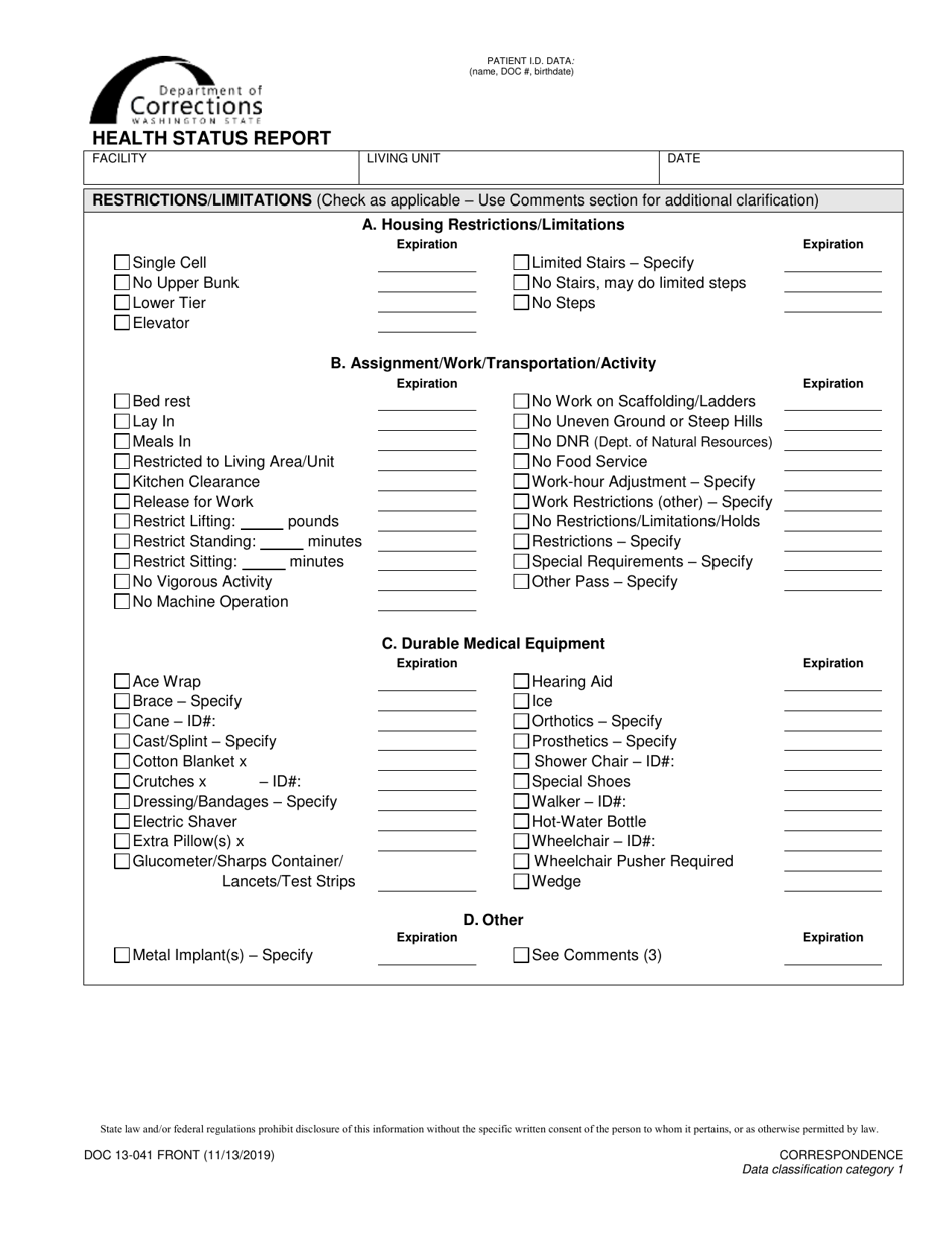 Form DOC13-041 Health Status Report - Washington, Page 1