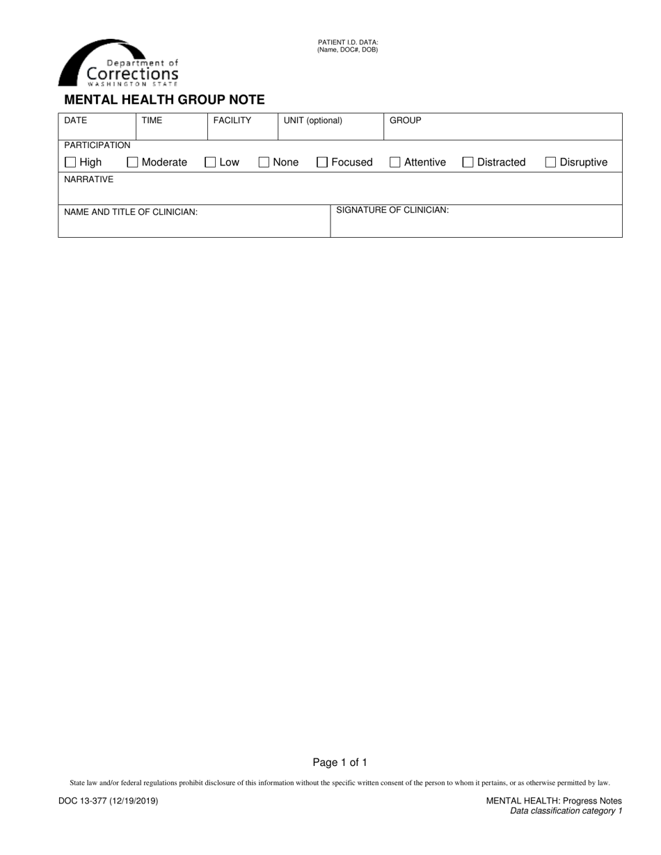 Form DOC13-377 Mental Health Group Note - Washington, Page 1
