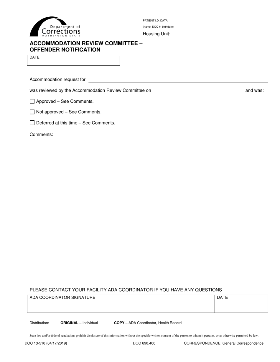 Form DOC13-510 Accommodation Review Committee - Offender Notification - Washington, Page 1