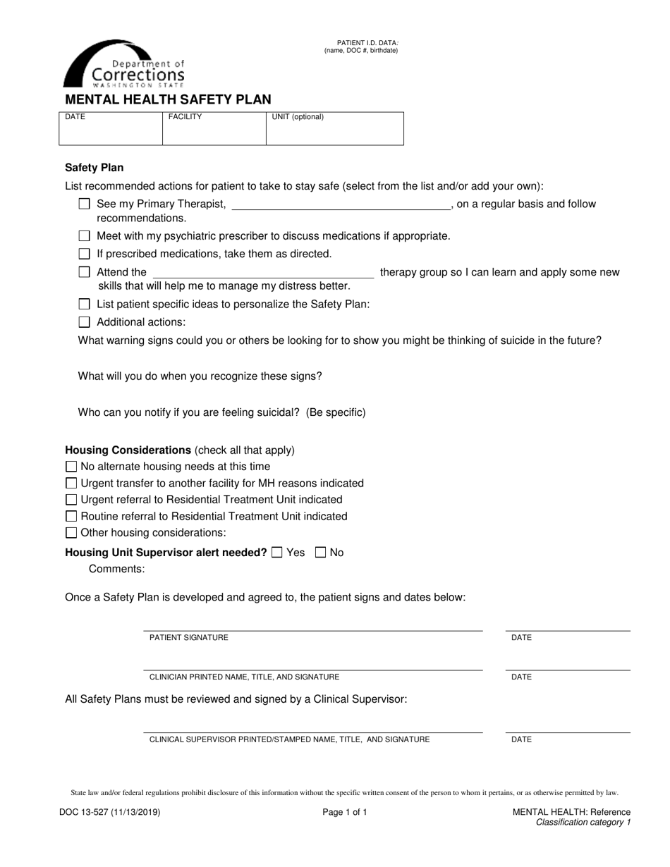 Form DOC13-527 Mental Health Safety Plan - Washington, Page 1