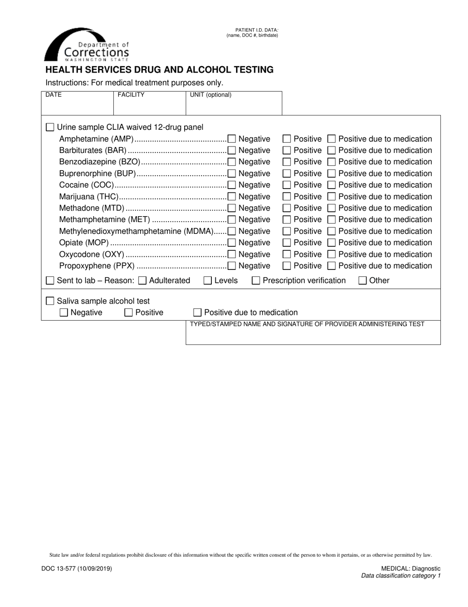 Form DOC13-577 Health Services Drug and Alcohol Testing - Washington, Page 1