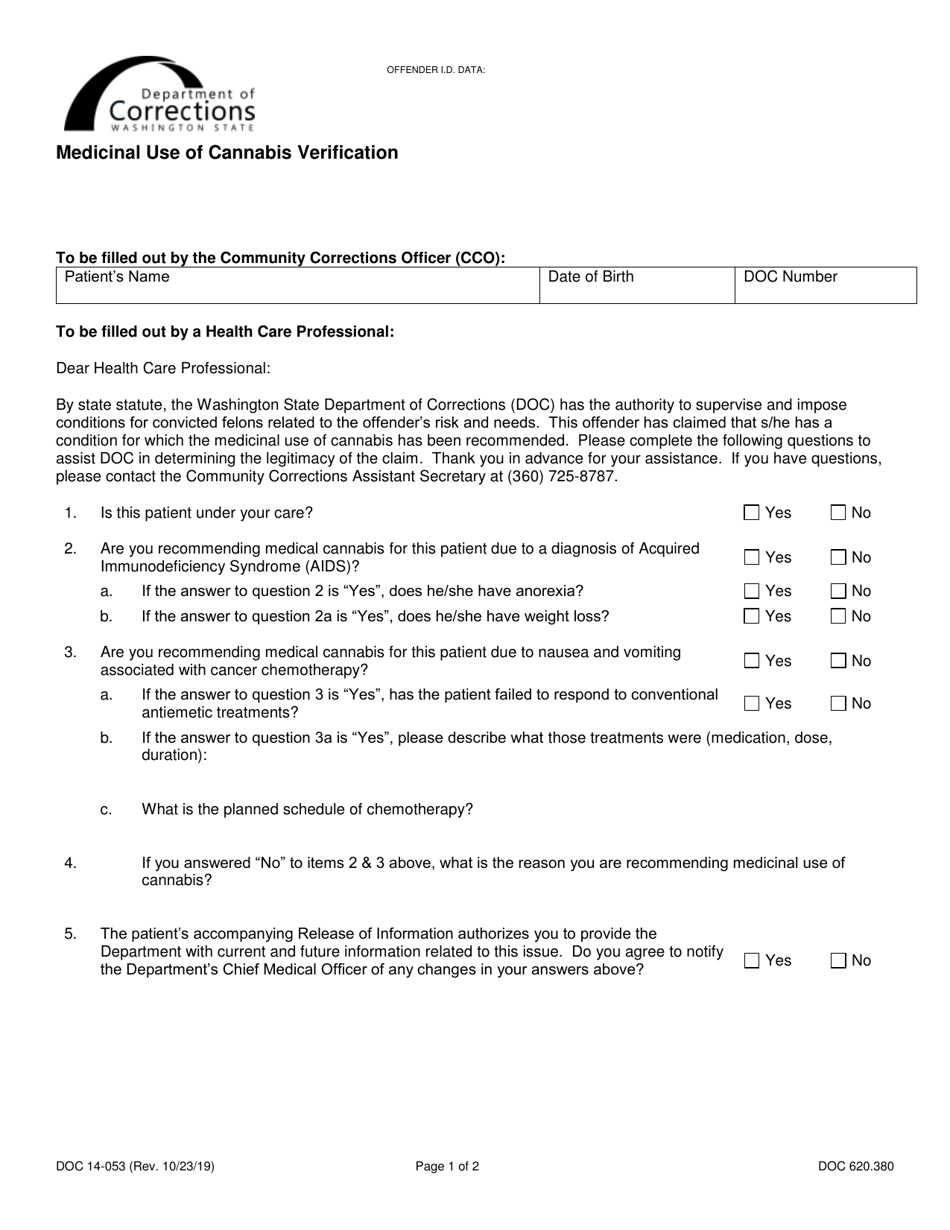 Form DOC14-053 Medicinal Use of Cannabis Verification - Washington, Page 1