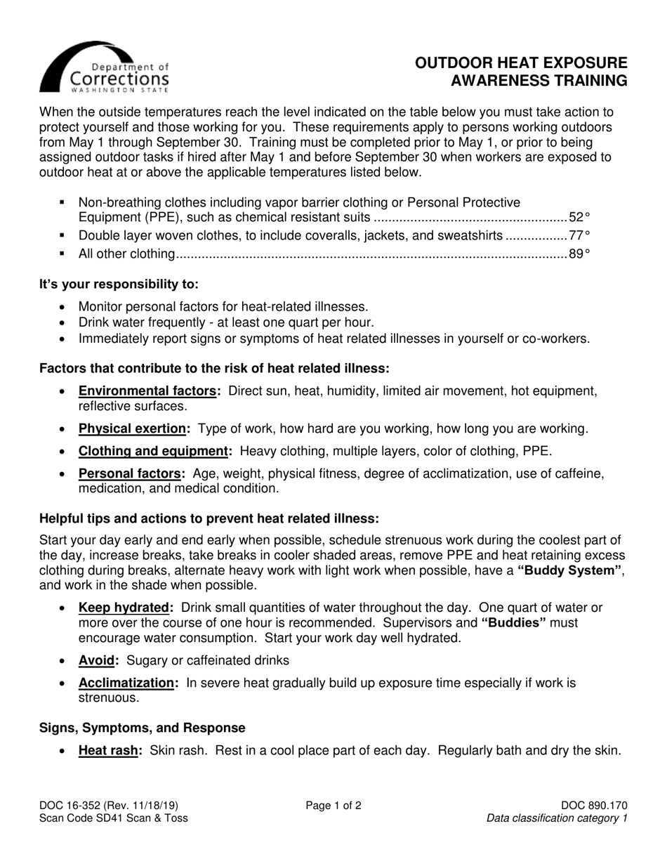 Form DOC16-352 Outdoor Heat Exposure Awareness Training - Washington, Page 1