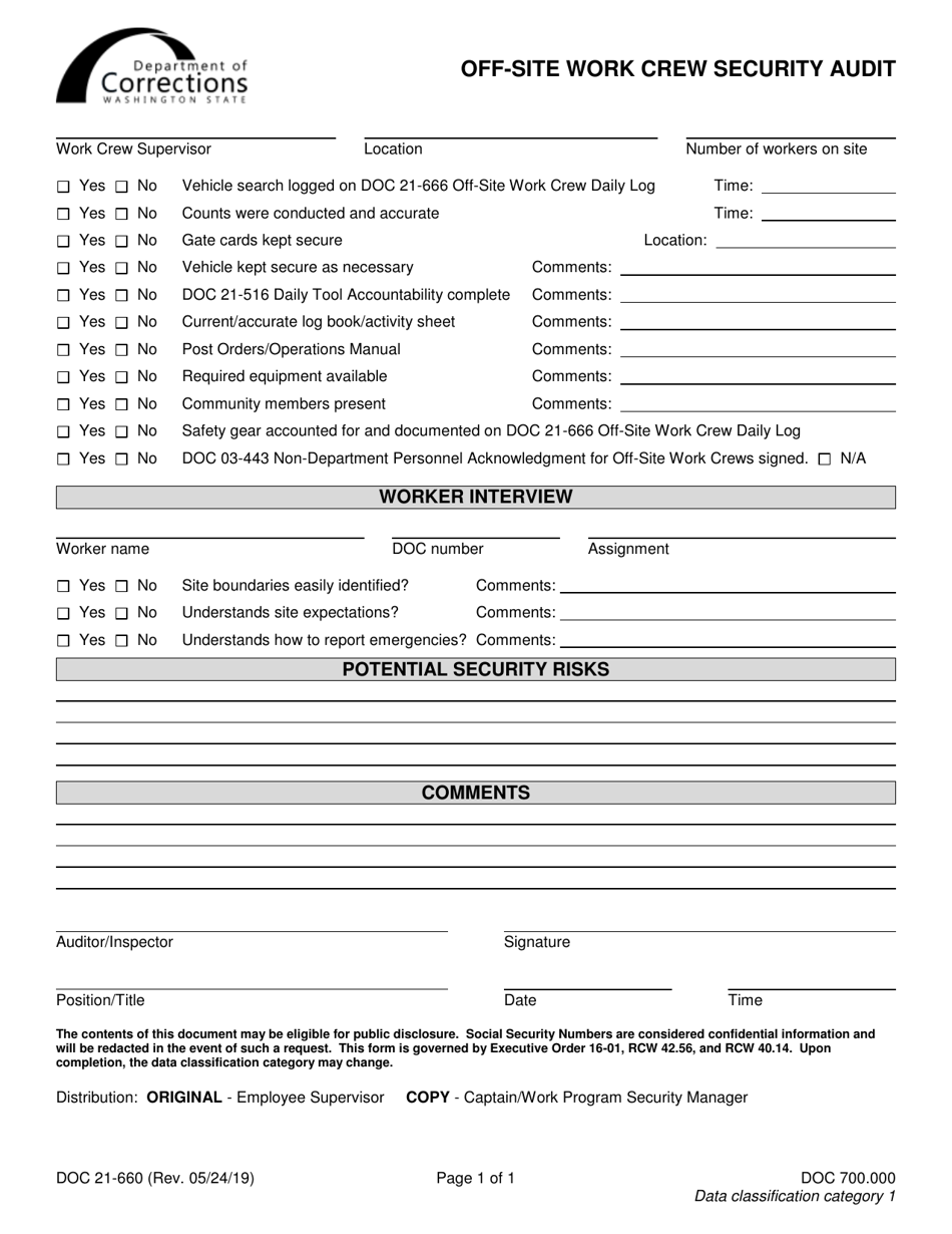 Form DOC21-660 Off-Site Work Crew Security Audit - Washington, Page 1