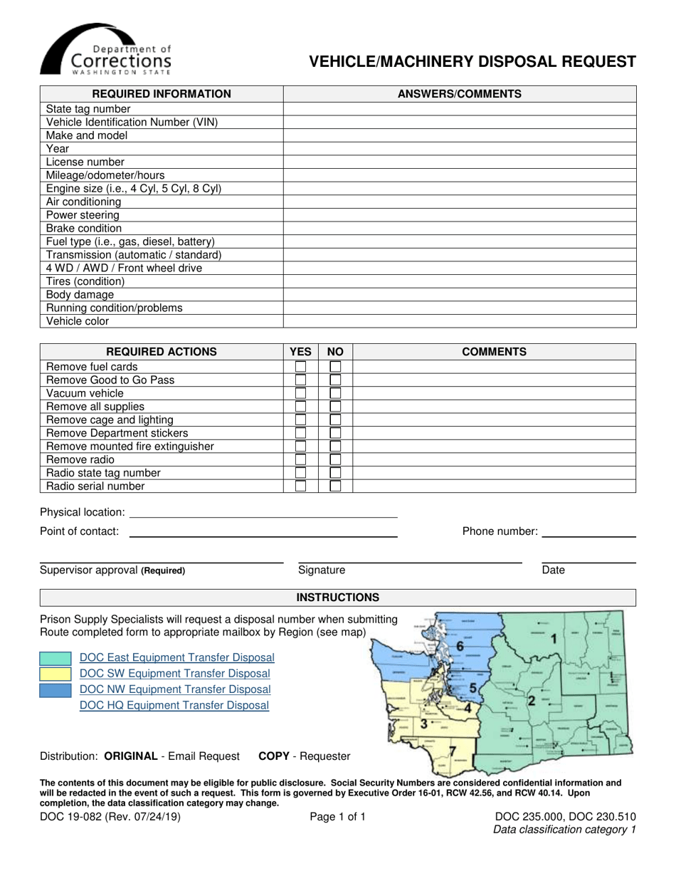 Form DOC19-082 Vehicle / Machinery Disposal Request - Washington, Page 1