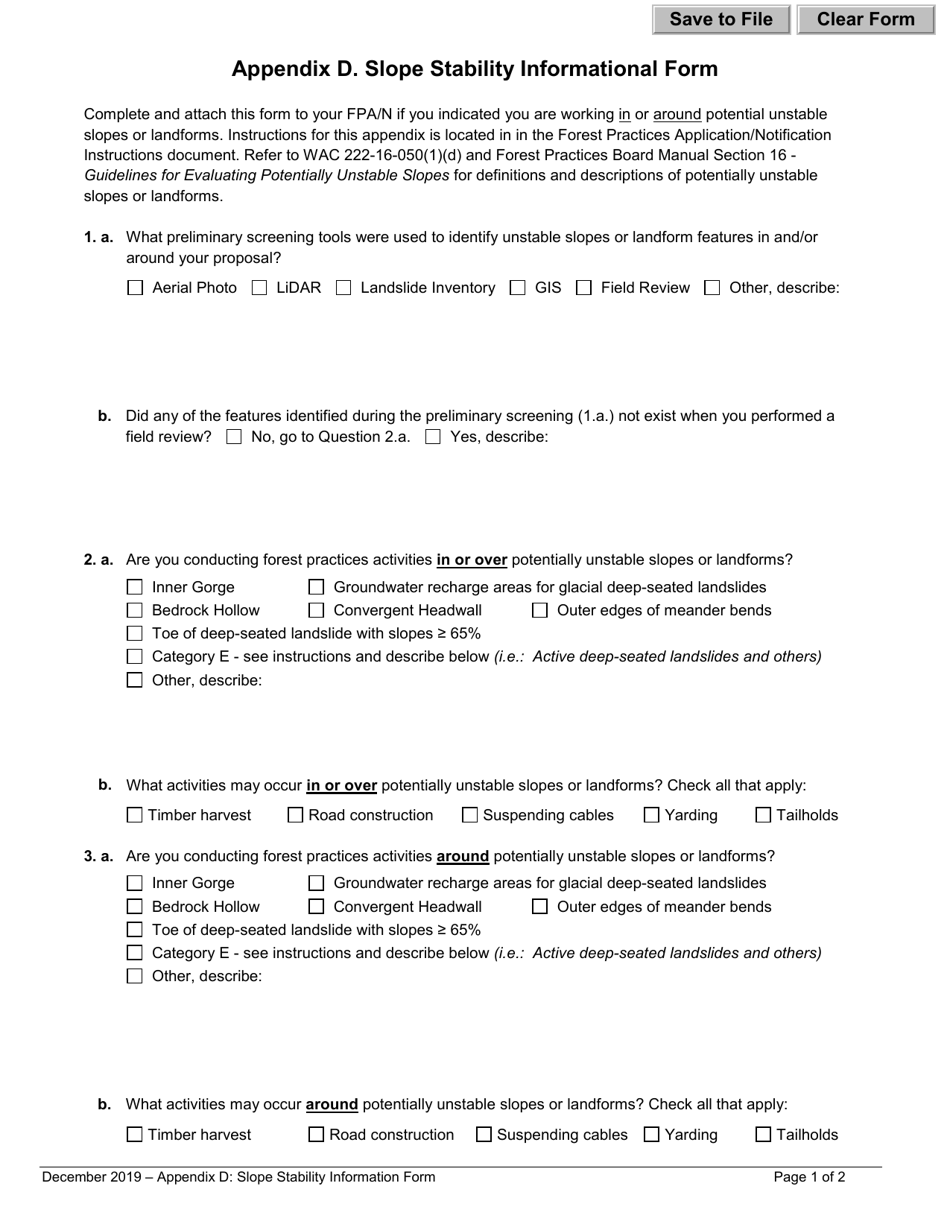 Appendix D Slope Stability Informational Form - Washington, Page 1
