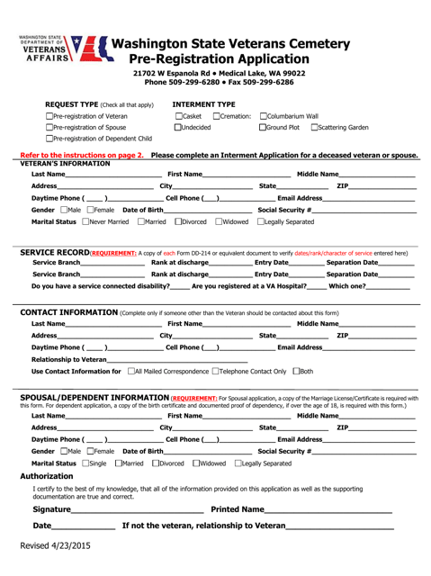 Washington State Veterans Cemetery Pre-registration Application - Washington Download Pdf