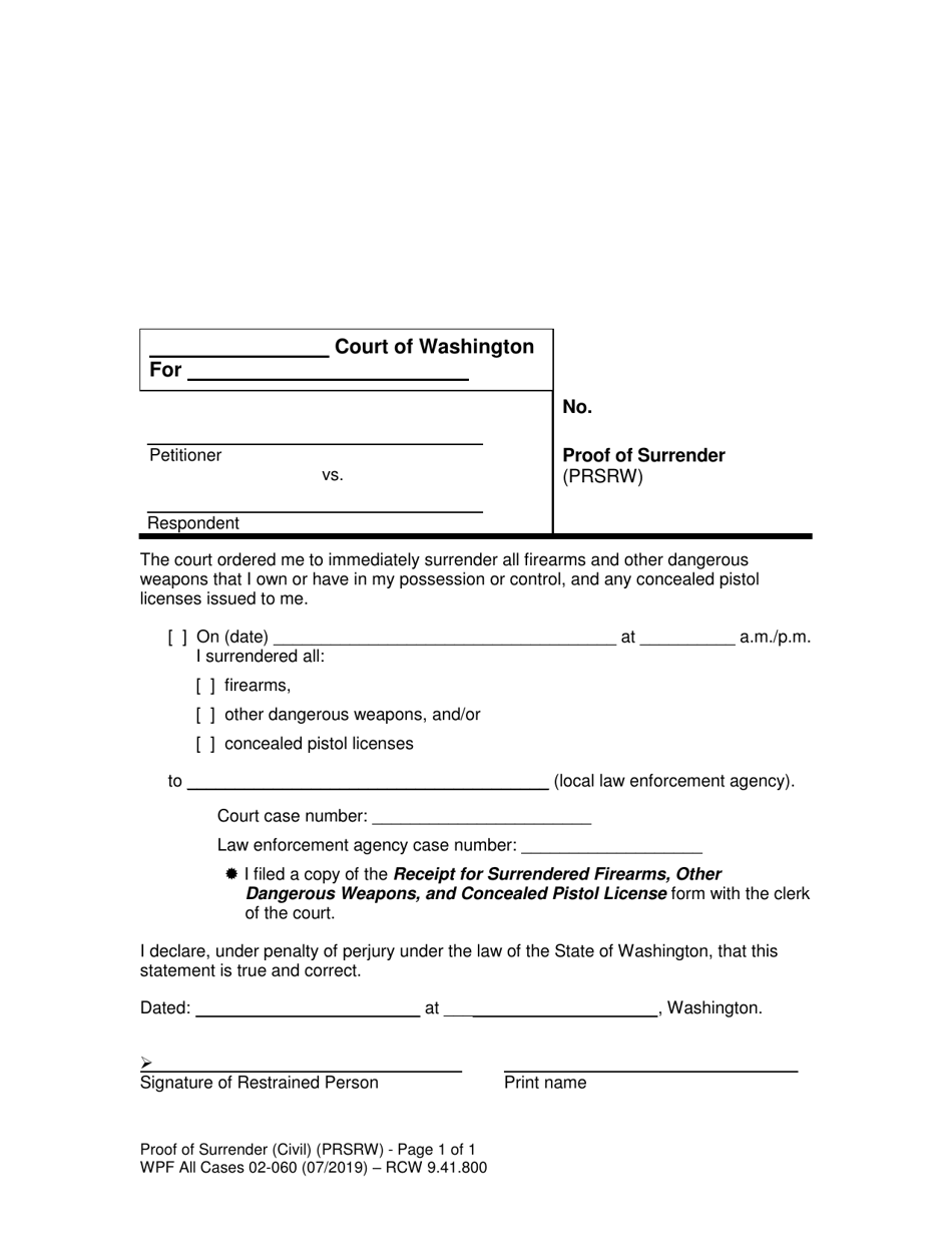 Form WPF All Cases02-060 Proof of Surrender (Prsrw) - Washington, Page 1