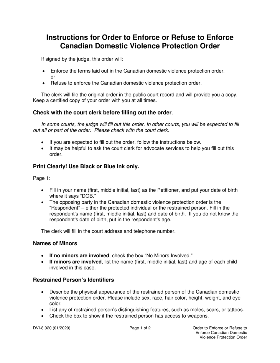Instructions for Form WPF DV8.020 Order to Enforce or Refuse to Enforce Canadian Domestic Violence Protection Order - Washington, Page 1