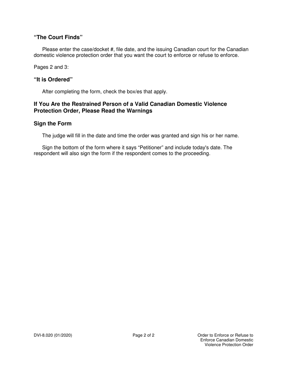 Instructions for Form WPF DV8.020 Order to Enforce or Refuse to Enforce Canadian Domestic Violence Protection Order - Washington, Page 2