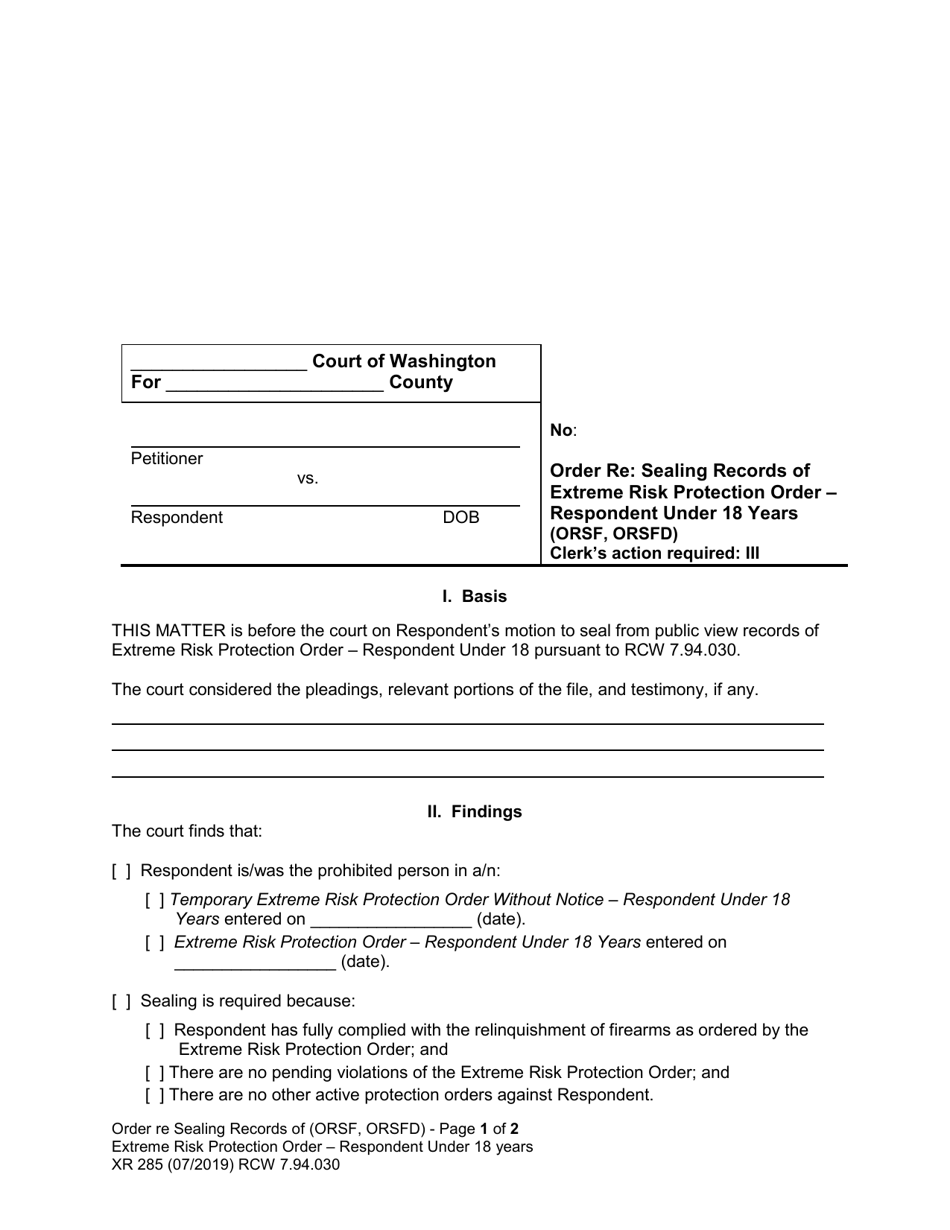 Form XR285 Order on Motion to Seal Records of Extreme Risk Protection Order - Respondent Under 18 Years - Washington, Page 1
