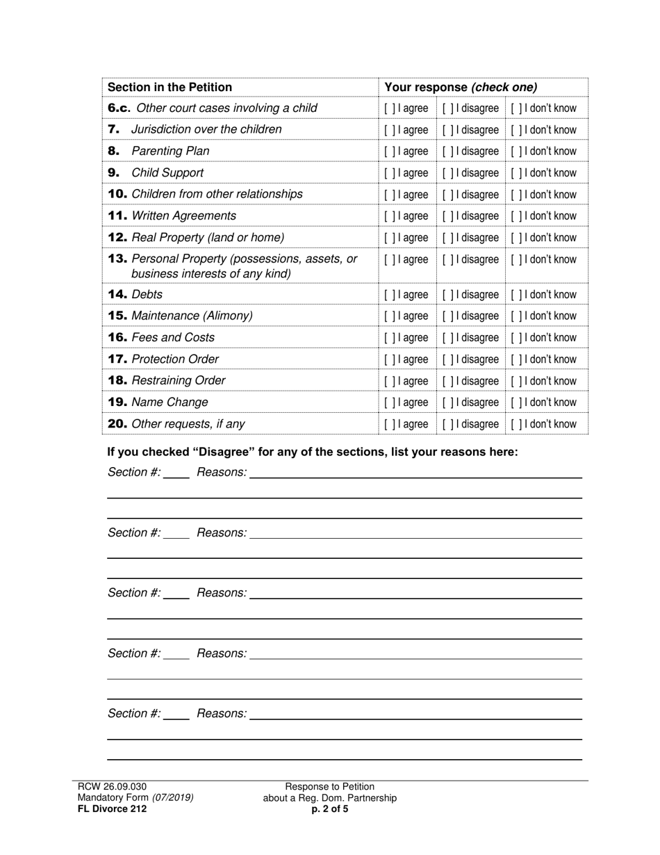 Form FL Divorce212 Response to Petition About a Registered Domestic Partnership - Washington, Page 2