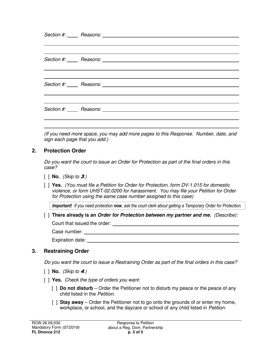 Form FL Divorce212 Response to Petition About a Registered Domestic Partnership - Washington, Page 3