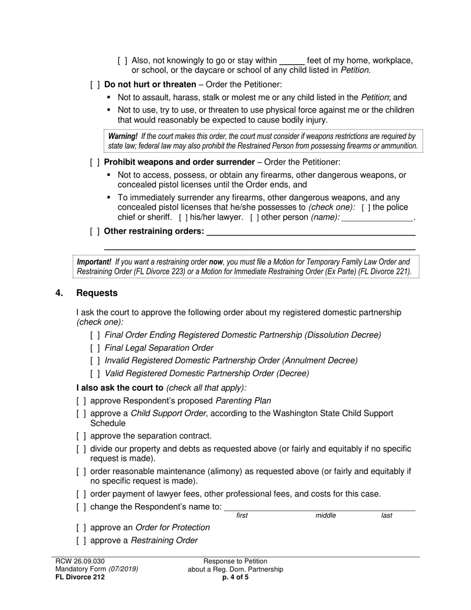 Form FL Divorce212 Response to Petition About a Registered Domestic Partnership - Washington, Page 4