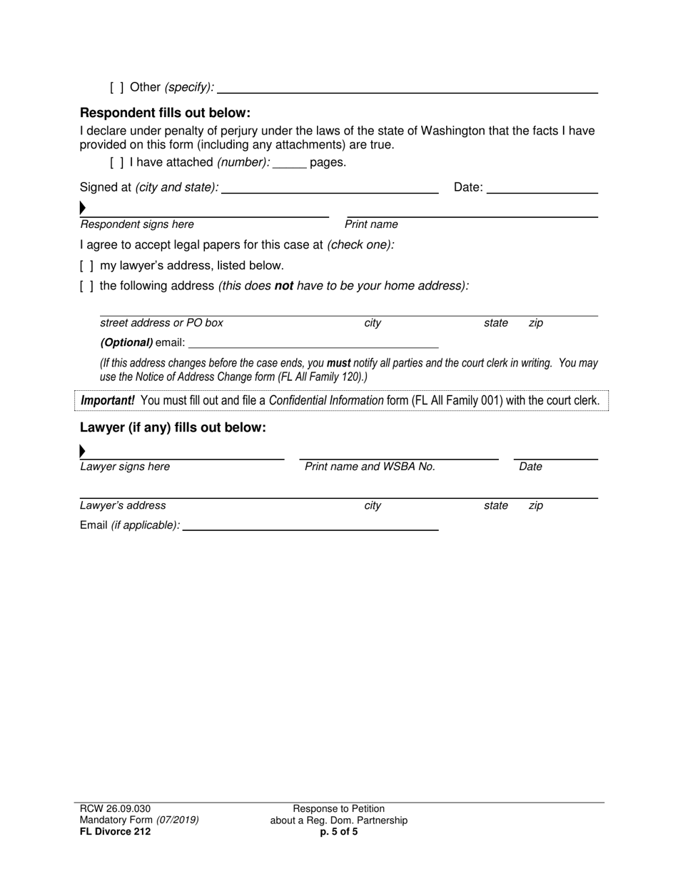 Form FL Divorce212 Response to Petition About a Registered Domestic Partnership - Washington, Page 5