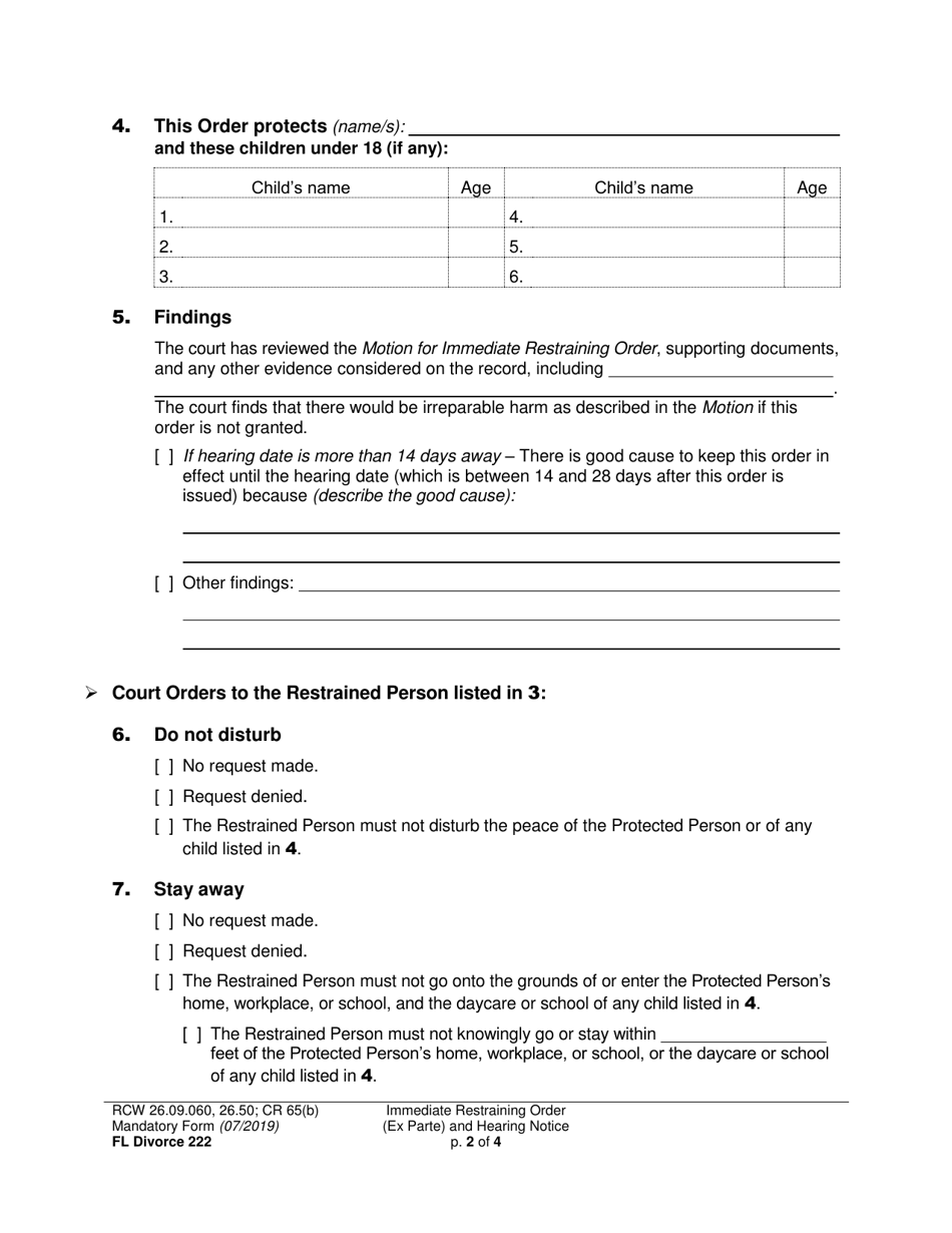 Form FL Divorce222 Immediate Restraining Order (Ex Parte) and Hearing Notice - Washington, Page 2