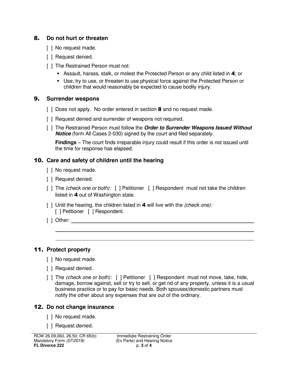 Form FL Divorce222 Immediate Restraining Order (Ex Parte) and Hearing Notice - Washington, Page 3