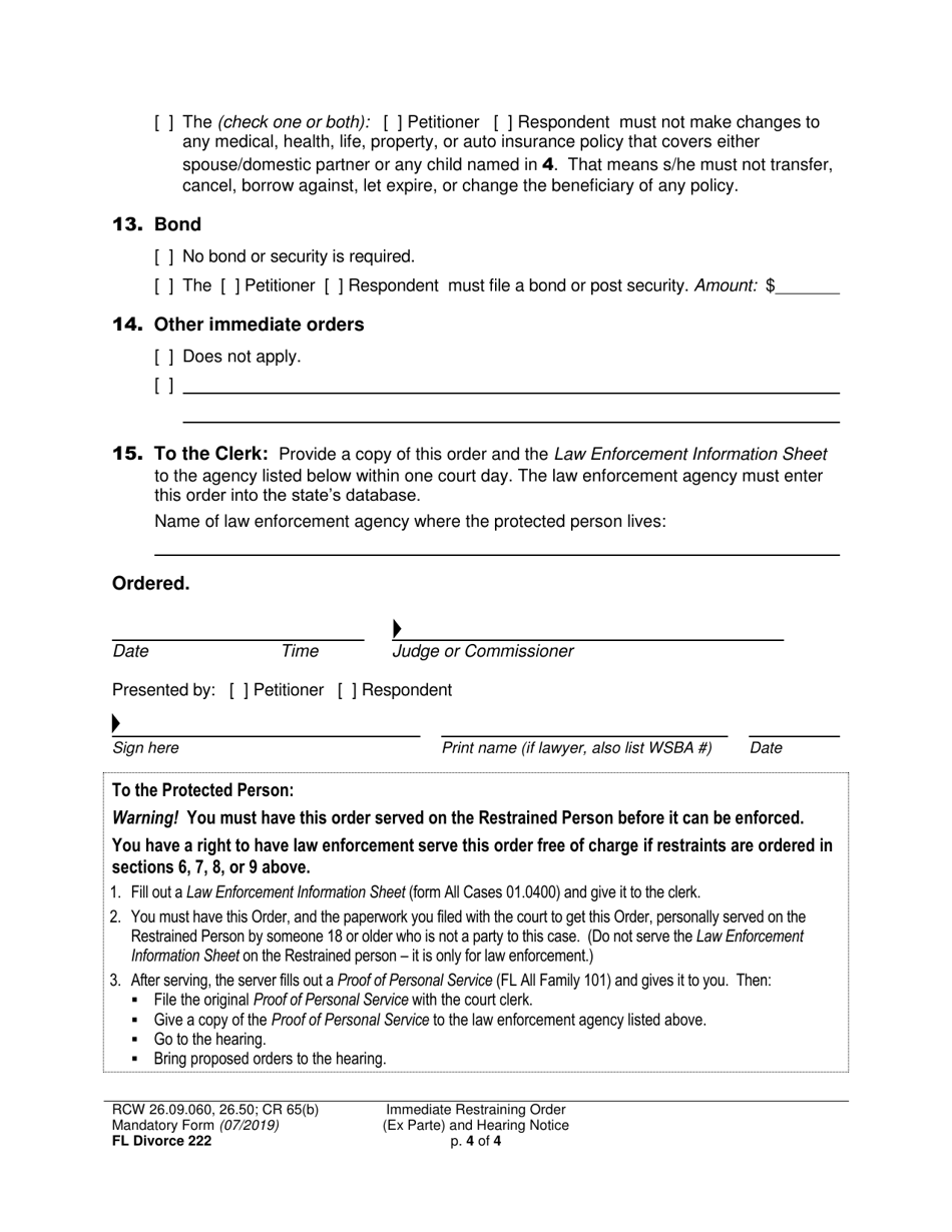 Form FL Divorce222 Immediate Restraining Order (Ex Parte) and Hearing Notice - Washington, Page 4