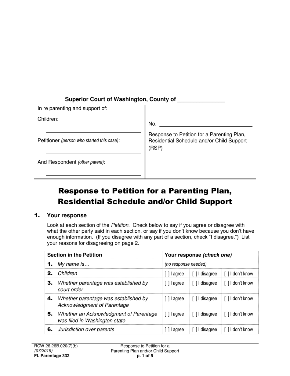 Form FL Parentage332 Response to Petition for Parenting Plan, Residential Schedule and/or Child Support - Washington, Page 1