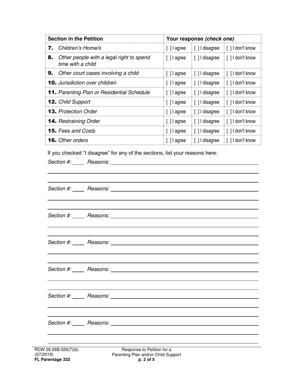 Form FL Parentage332 Response to Petition for Parenting Plan, Residential Schedule and / or Child Support - Washington, Page 2