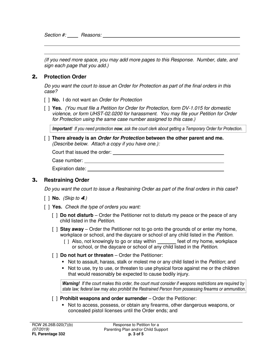 Form FL Parentage332 Response to Petition for Parenting Plan, Residential Schedule and / or Child Support - Washington, Page 3