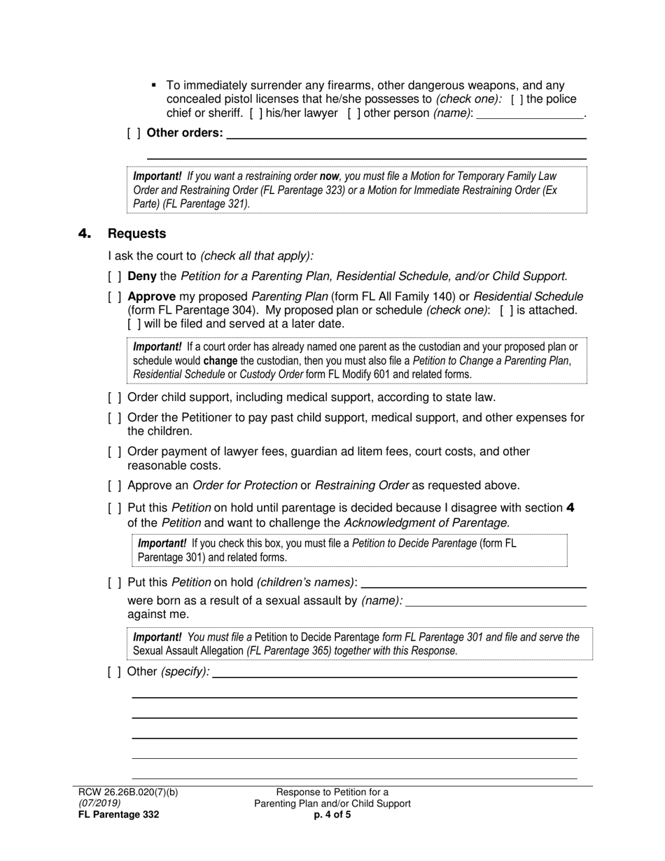 Form FL Parentage332 Response to Petition for Parenting Plan, Residential Schedule and / or Child Support - Washington, Page 4
