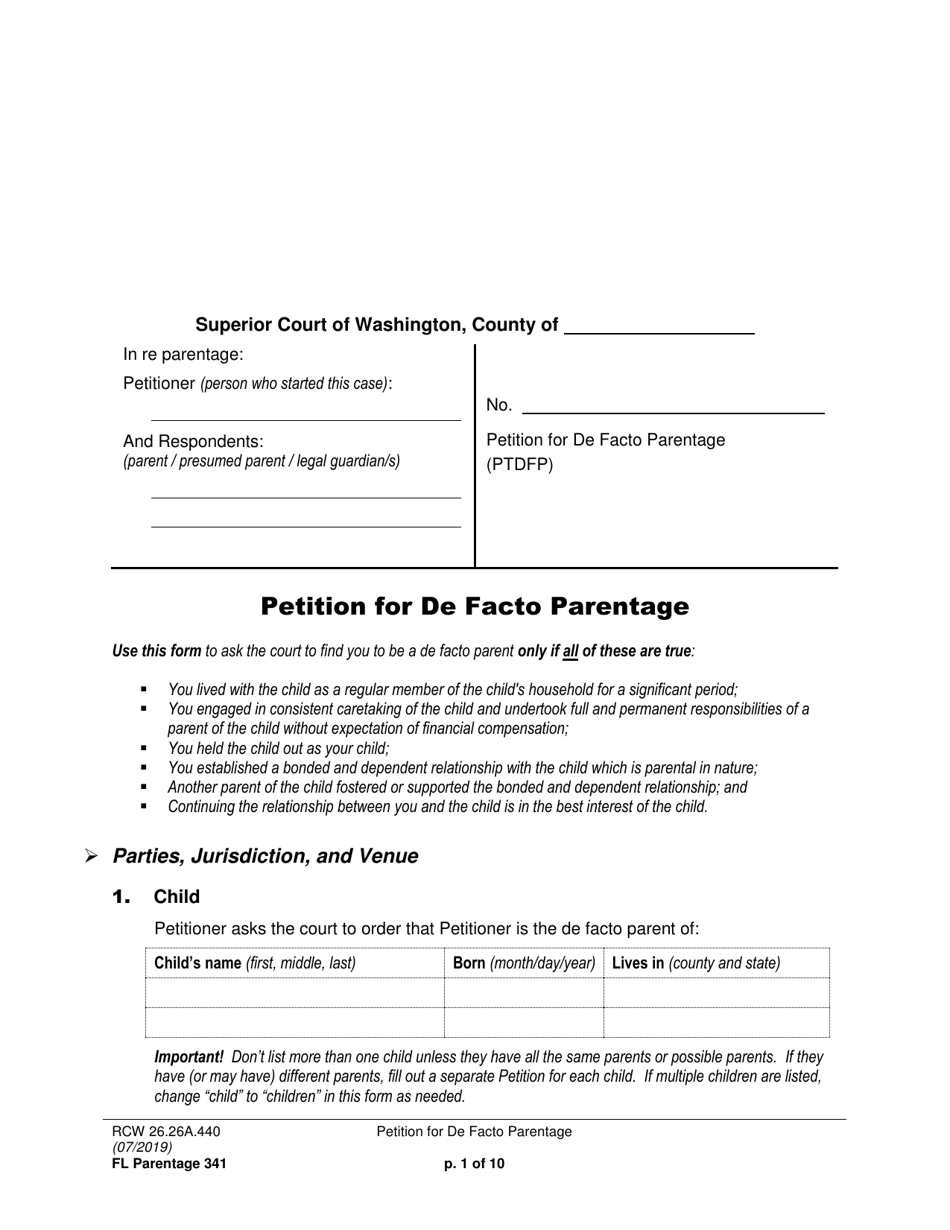 Form FL Parentage341 Petition for De Facto Parentage - Washington, Page 1