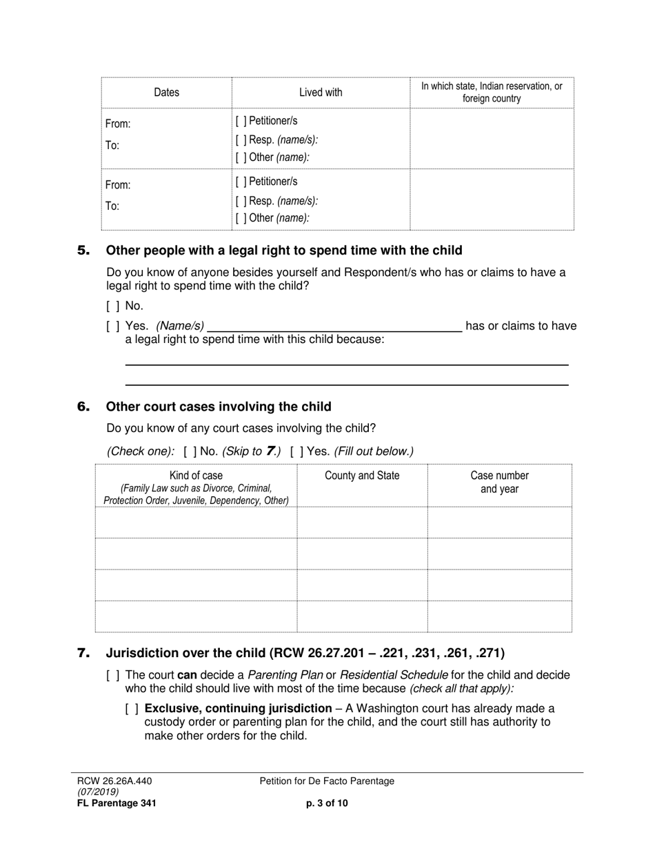 Form FL Parentage341 Petition for De Facto Parentage - Washington, Page 3