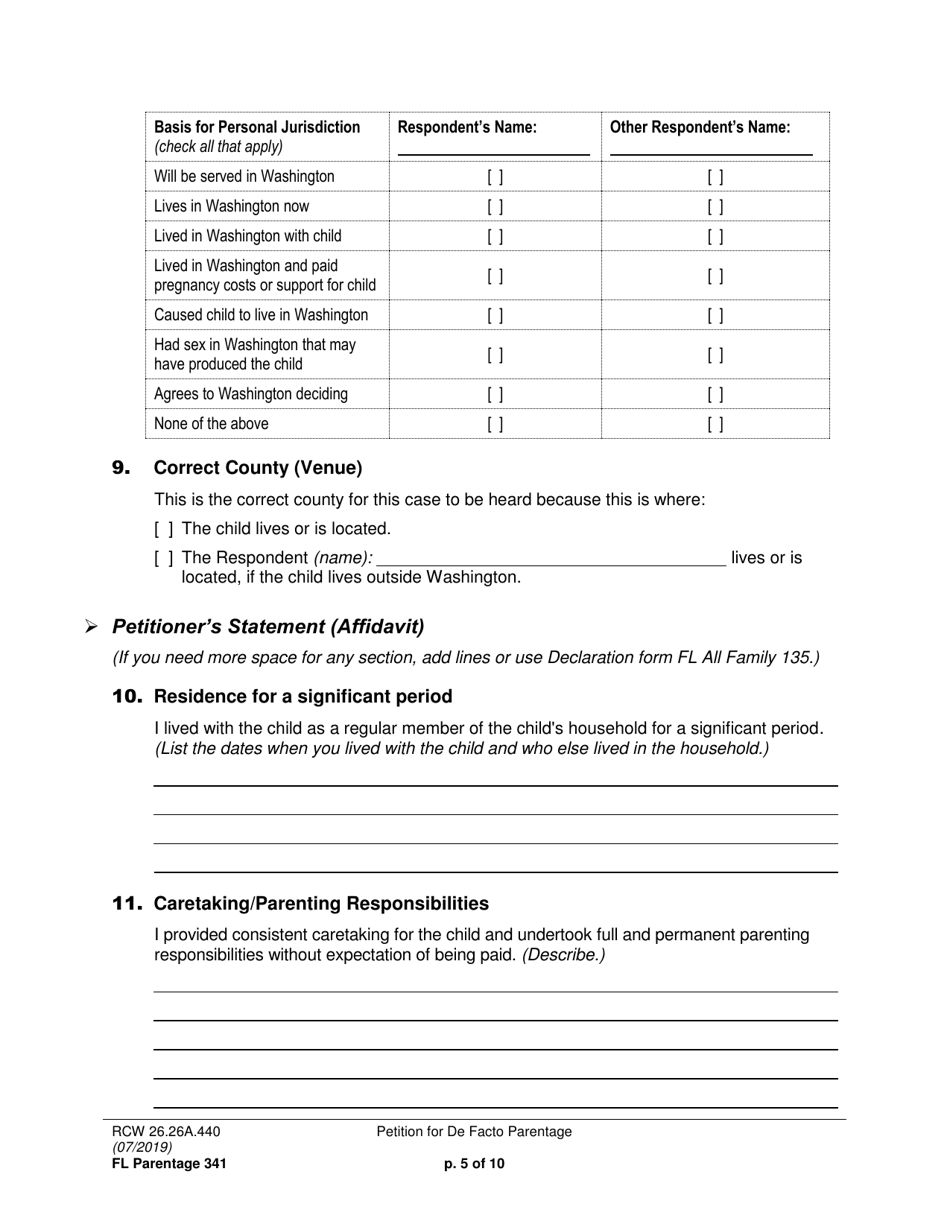 Form FL Parentage341 Petition for De Facto Parentage - Washington, Page 5