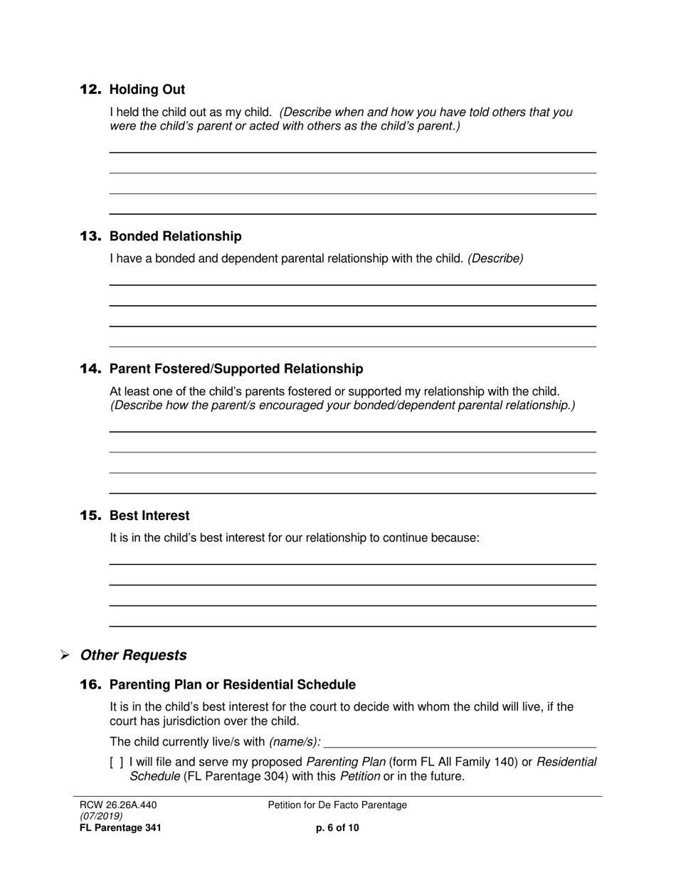 Form FL Parentage341 Petition for De Facto Parentage - Washington, Page 6