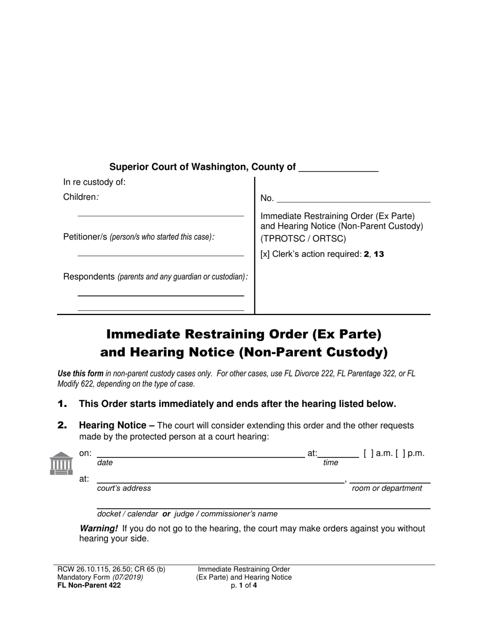 Form FL Non-Parent422 Immediate Restraining Order (Ex Parte) and Hearing Notice (Non-parent Custody) - Washington, Page 1
