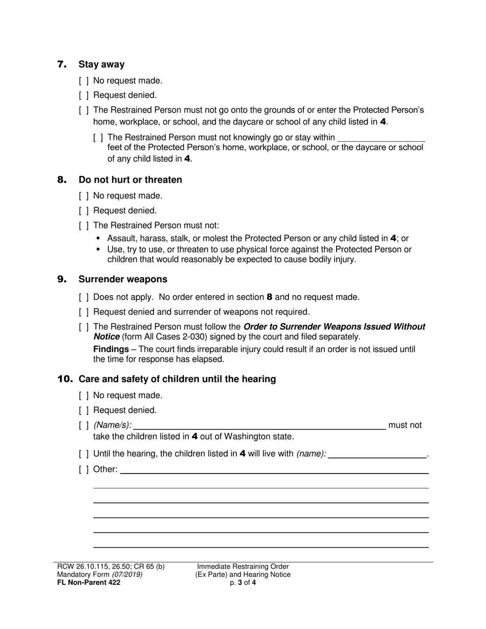 Form FL Non-Parent422 Immediate Restraining Order (Ex Parte) and Hearing Notice (Non-parent Custody) - Washington, Page 3