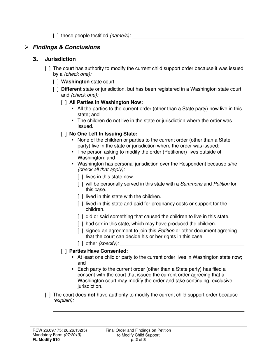 Form FL Modify510 Final Order and Findings on Petition to Modify Child Support Order - Washington, Page 2