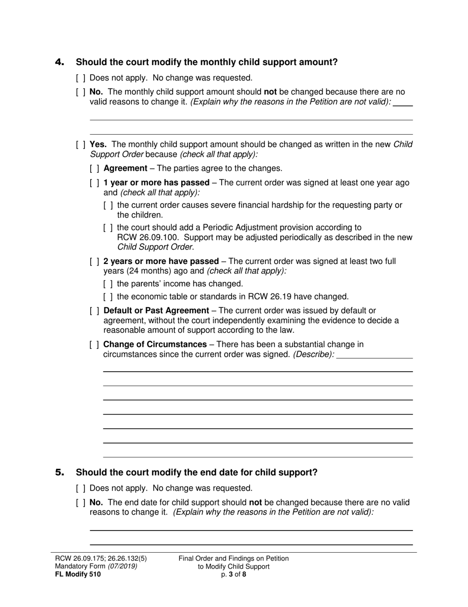 Form FL Modify510 Final Order and Findings on Petition to Modify Child Support Order - Washington, Page 3