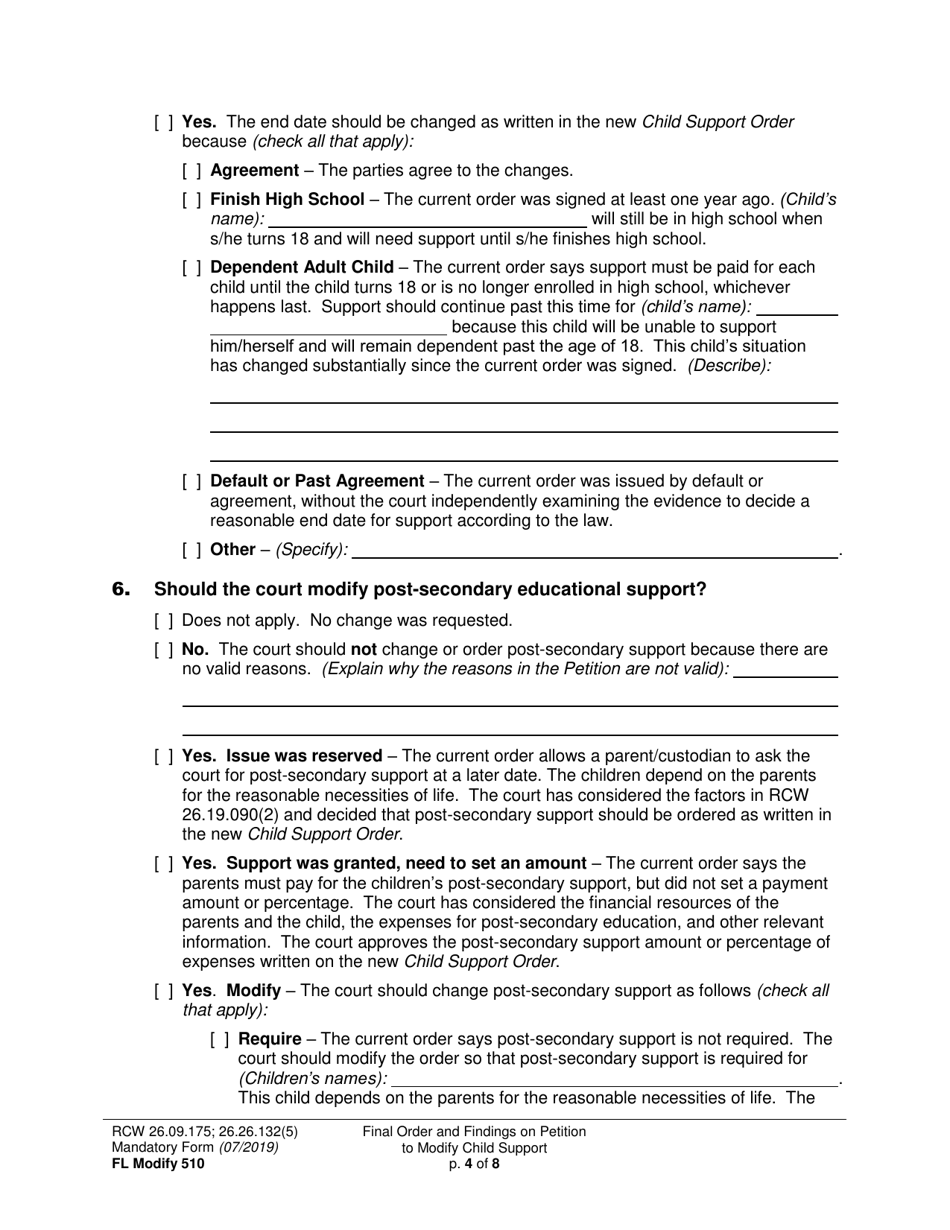 Form FL Modify510 Final Order and Findings on Petition to Modify Child Support Order - Washington, Page 4