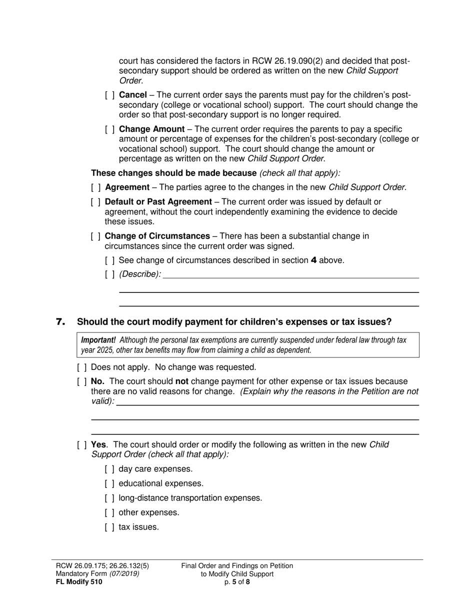 Form FL Modify510 Final Order and Findings on Petition to Modify Child Support Order - Washington, Page 5