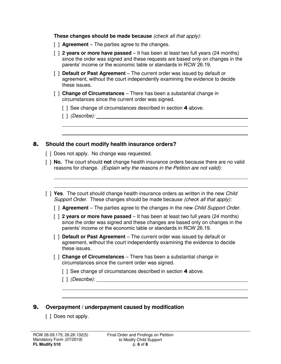 Form FL Modify510 Final Order and Findings on Petition to Modify Child Support Order - Washington, Page 6