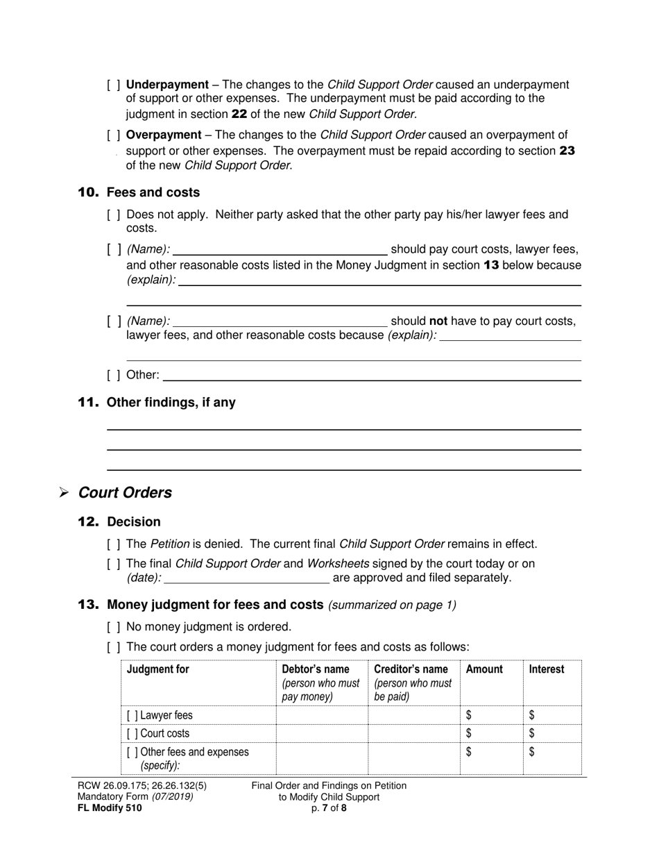 Form FL Modify510 Final Order and Findings on Petition to Modify Child Support Order - Washington, Page 7
