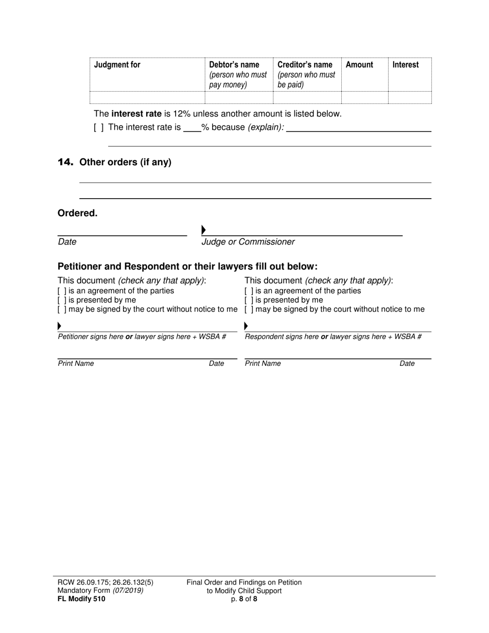 Form FL Modify510 Final Order and Findings on Petition to Modify Child Support Order - Washington, Page 8