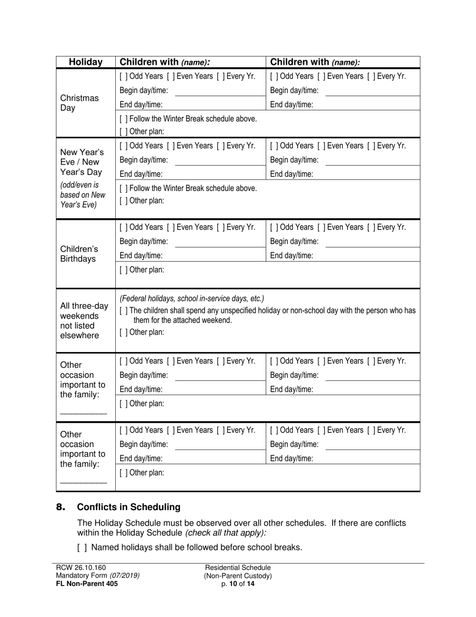 Form FL Non-Parent405 Residential Schedule (Non-parent Custody) - Washington, Page 10