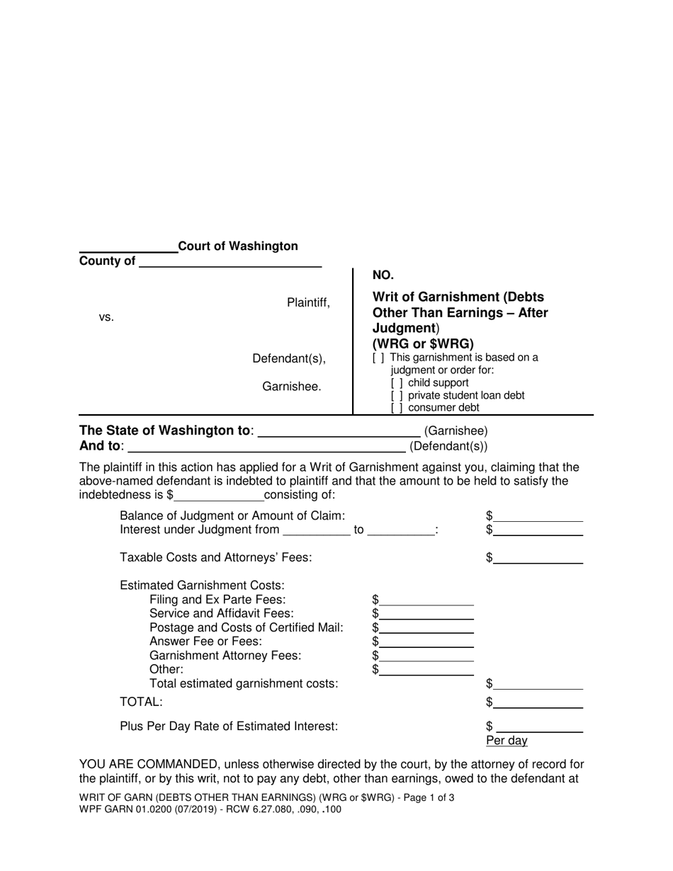 Form WPF GARN01.0200 Writ of Garnishment (Debts Other Than Earnings - After Judgment) - Washington, Page 1