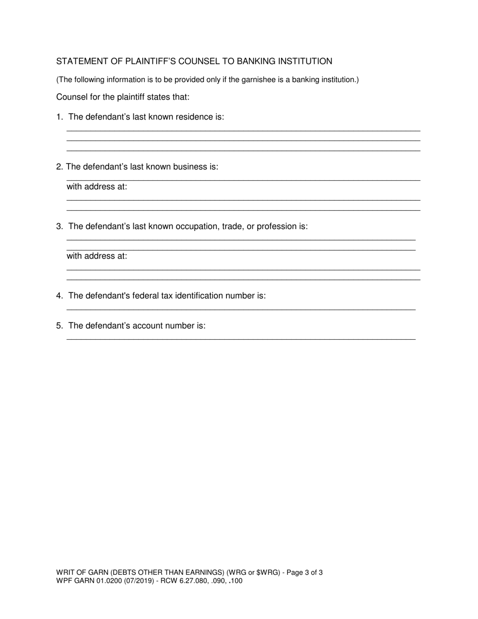 Form WPF GARN01.0200 Writ of Garnishment (Debts Other Than Earnings - After Judgment) - Washington, Page 3