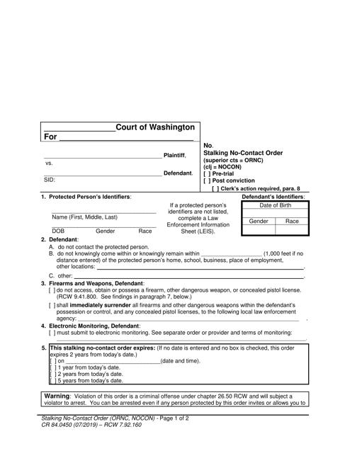 Form WPF CR84.0450 Stalking No-Contact Order - Washington