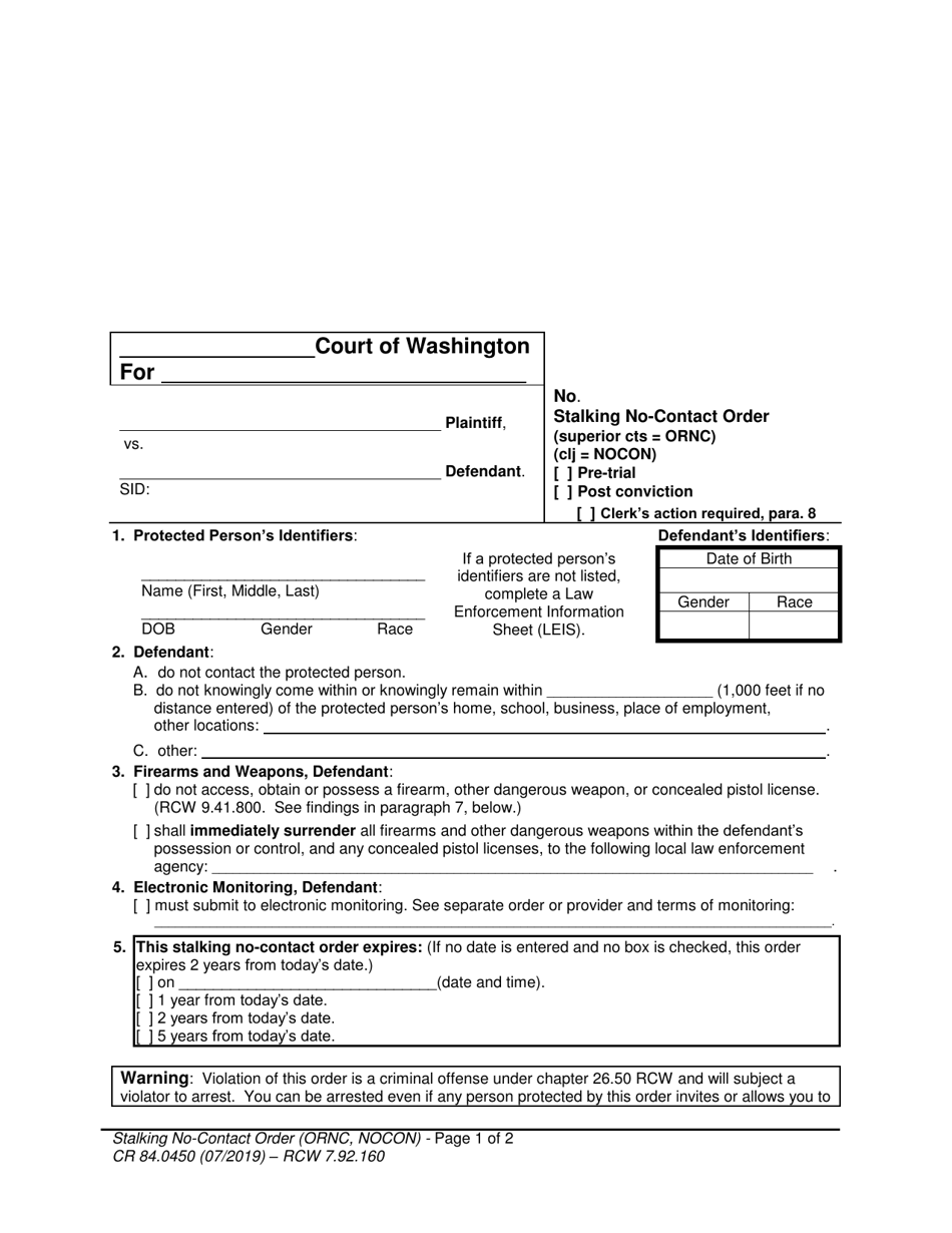 Form WPF CR84.0450 Stalking No-Contact Order - Washington, Page 1