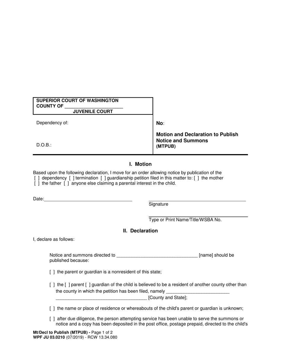 Form WPF JU03.0210 Motion and Declaration to Publish Notice and Summons (Mtpub) - Washington, Page 1