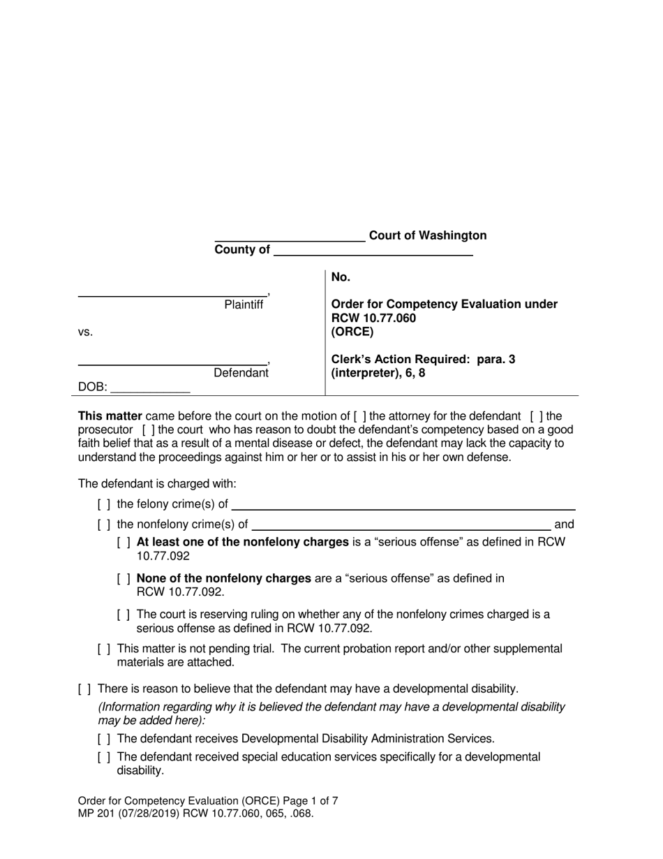 Form MP201 Order for Competency Evaluation (Rcw 10.77.060) - Washington, Page 1